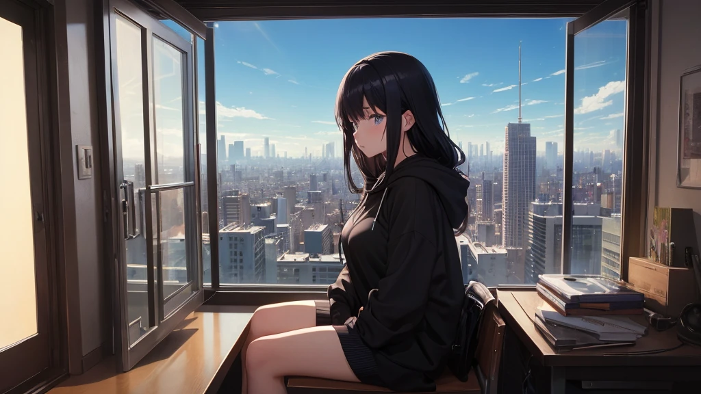 Absurd, Ultra-high resolution, (Official Art, beautifully、mysterious:1.2), Correct human body composition, Striking eyes, Oversized hoodie and short skirt, Shiny black hair, Larger than average bust, Girl listening to music with headphones, Looking out the window, Coffee on the desk, lo-fi girl, Makoto Shinkai and Artgelm, Anime atmosphere, Lofi Art Style, Anime style 8k, Anime Aesthetics, Lo-fi feel, Anime Art Wallpapers 8K, An atmosphere of praise, City Room, Teenage Girl's Room, A room for music lovers, city view from the window, Impressive cityscape, Bright sky