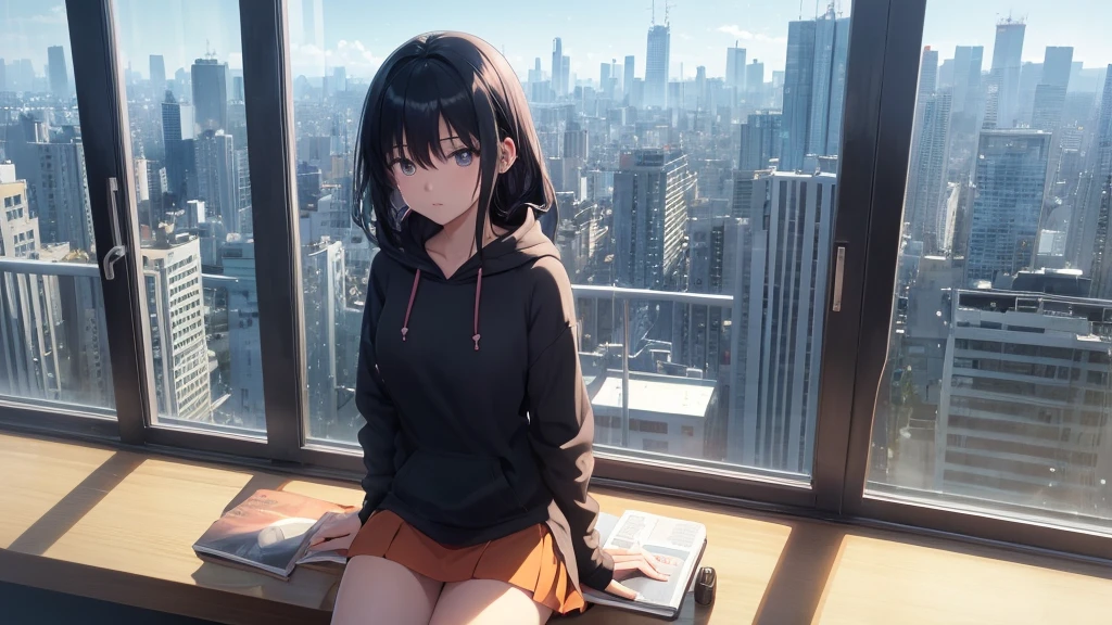 Absurd, Ultra-high resolution, (Official Art, beautifully、mysterious:1.2), Correct human body composition, Striking eyes, Oversized hoodie and short skirt, Shiny black hair, Larger than average bust, Girl listening to music with headphones, Looking out the window, Coffee on the desk, lo-fi girl, Makoto Shinkai and Artgelm, Anime atmosphere, Lofi Art Style, Anime style 8k, Anime Aesthetics, Lo-fi feel, Anime Art Wallpapers 8K, An atmosphere of praise, City Room, age Girl's Room, A room for music lovers, city view from the window, Impressive cityscape, Bright sky