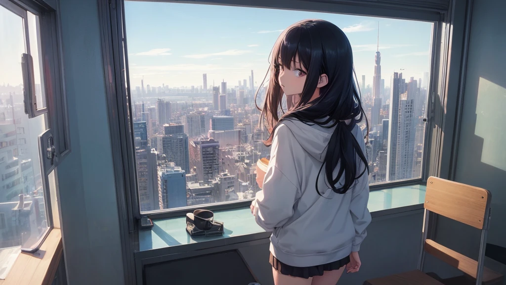 Absurd, Ultra-high resolution, (Official Art, beautifully、mysterious:1.2), Correct human body composition, Striking eyes, Oversized hoodie and short skirt, Shiny black hair, Larger than average bust, Girl listening to music with headphones, Looking out the window, Coffee on the desk, lo-fi girl, Makoto Shinkai and Artgelm, Anime atmosphere, Lofi Art Style, Anime style 8k, Anime Aesthetics, Lo-fi feel, Anime Art Wallpapers 8K, An atmosphere of praise, City Room, age Girl's Room, A room for music lovers, city view from the window, Impressive cityscape, Bright sky
