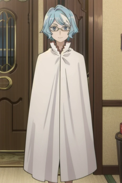 tall body, tall, long legs, mature female, mature, adult, eft_danmachi_blue, glasses, 1girl, female focus, solo, looking at viewer, blue hair, blue eyes, grey hair, parody, short hair, white cape, closed mouth, expressionless, anime coloring, smile,