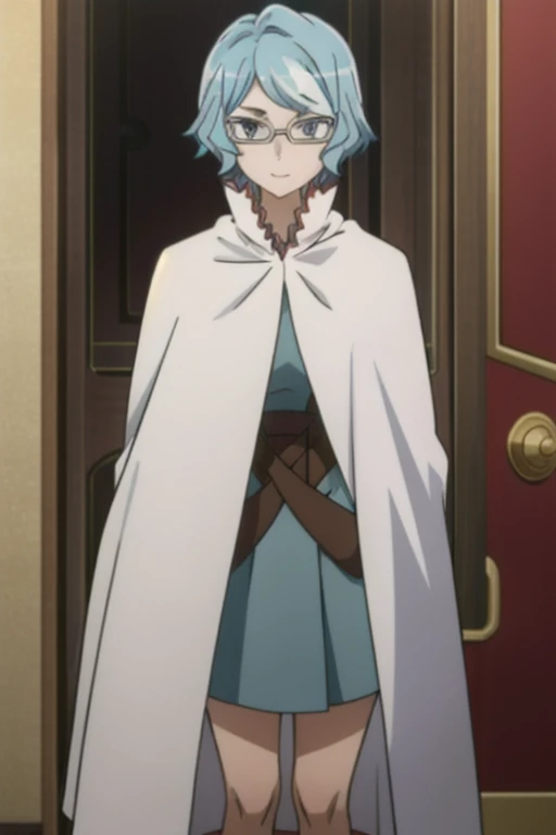 tall body, tall, long legs, mature female, mature, adult, eft_danmachi_blue, glasses, 1girl, female focus, solo, looking at viewer, blue hair, blue eyes, grey hair, parody, short hair, white cape, closed mouth, expressionless, anime coloring, smile, 