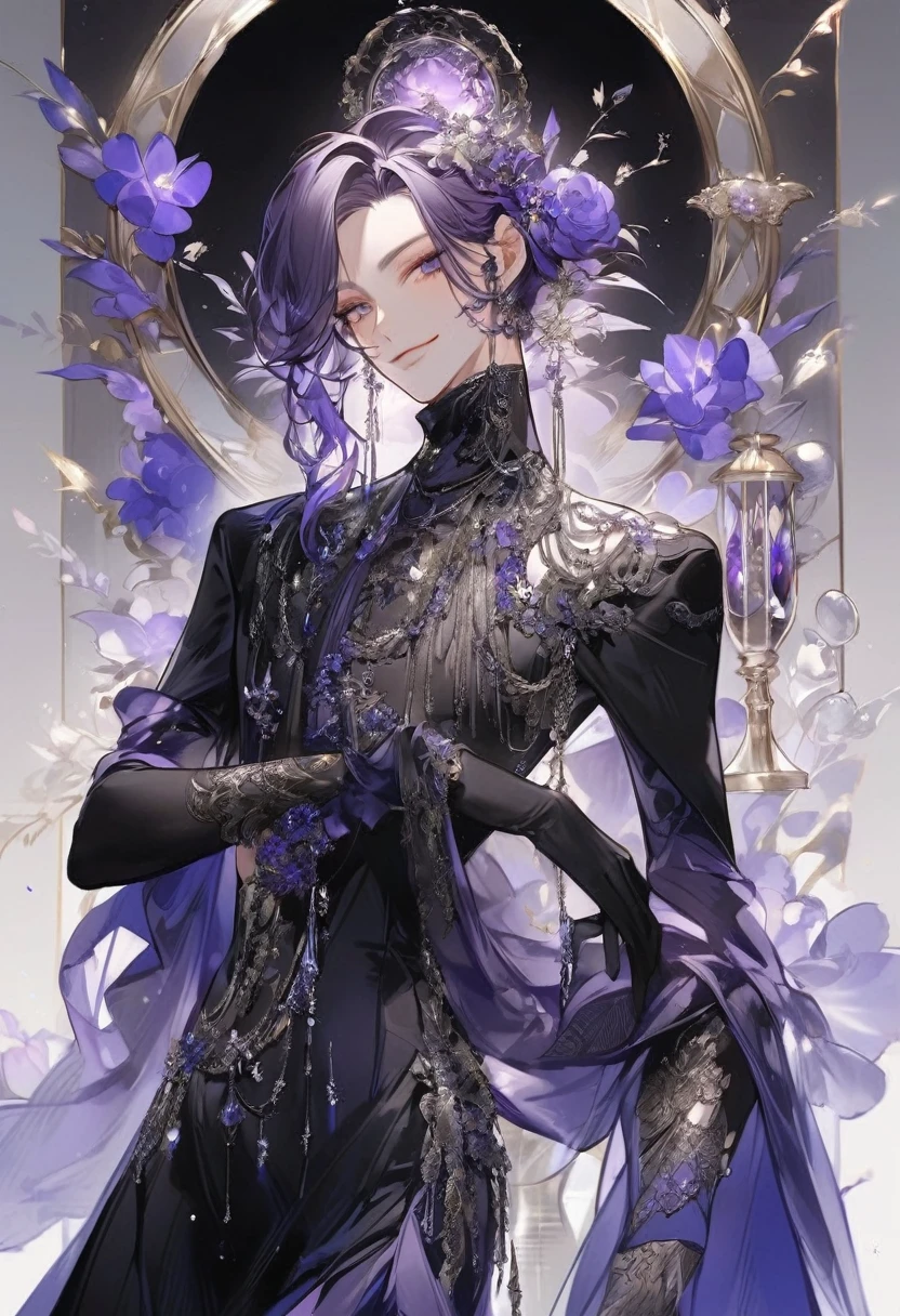 Feminine boy, soft womanish facial features, smile, squinted siren dark blue eyes without glare, silver and dark purple long loose hair with straight bang, fantasy black clothes with blue and purple elements, long black gloves, model, gorgeous, elegant, lots of silver jewelry, flowers in his hair, skinny body, hourglass figure, light lipstick