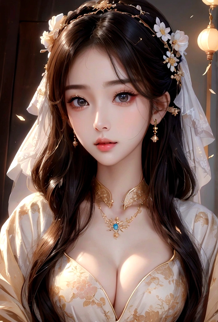 Best image quality、8K、masterpiece:1.3))、Realistic high-quality photos、Highest quality、 Beautiful face、Photos of slim models、Beautiful girl model、Young and pretty face、Beautiful model girl、A lovely and delicate face、Black Hair、Beautiful brown eyes、Young Body、Hanfu, (emphasize)、from the front、Camera gaze,、Anatomically correct、胸の谷間をemphasize