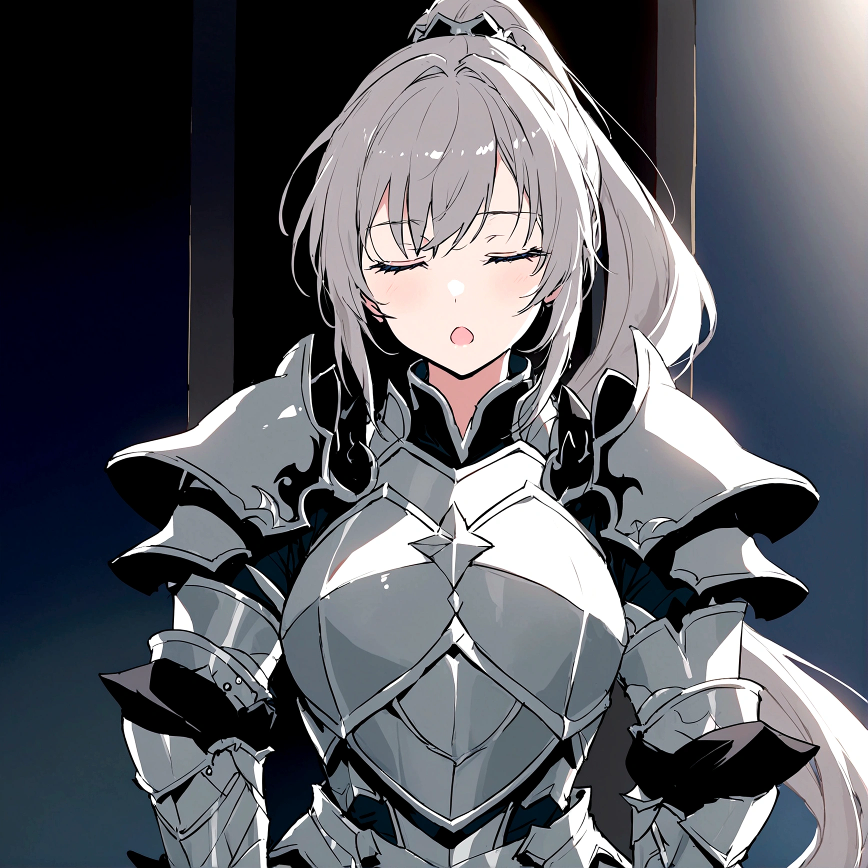 Beautiful girl knight in armor, Gray Hair, fantastic, Face your body forward like a certificate photo, shoot from front, Ponytail, Armor Girl, beautiful female knight, Female Paladin, upper body shot, drawing both arms, closed eyes