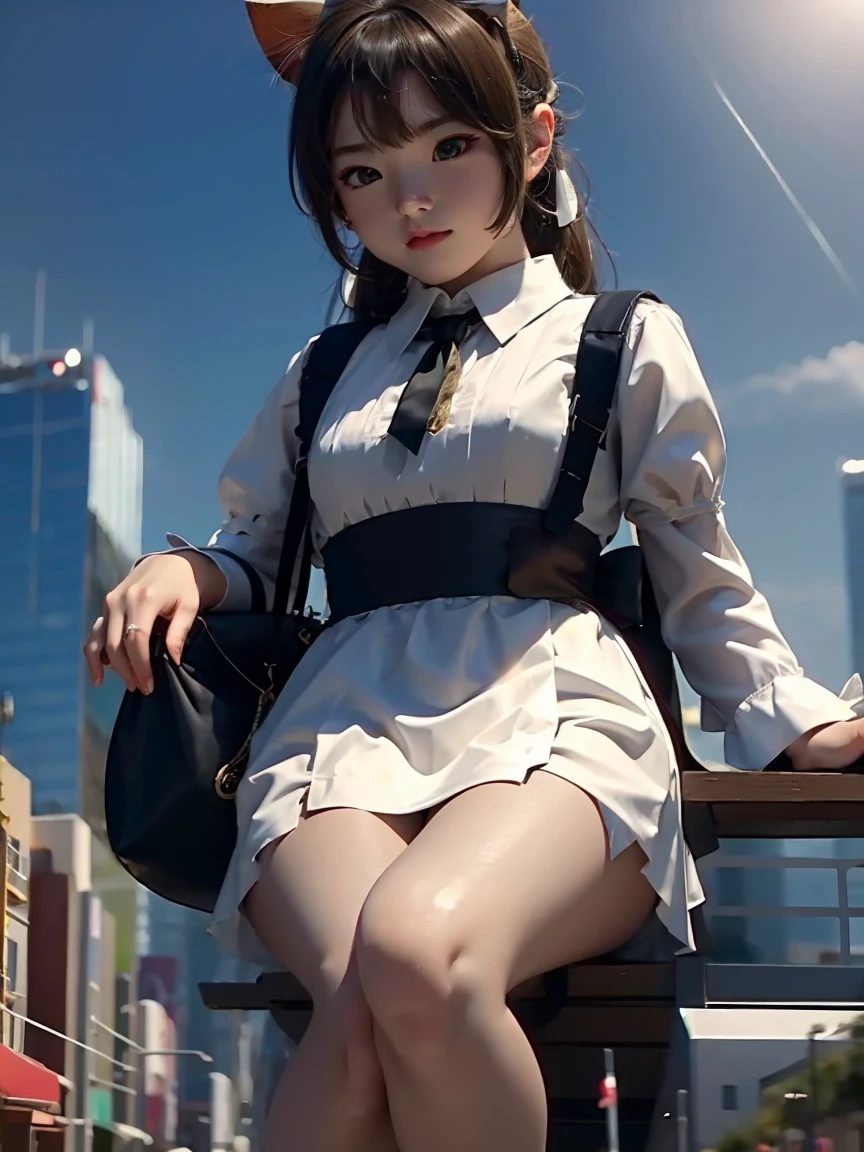 （Giantess Element Makes the city smaller、High resolution、High resolution、high quality、accurate body structure、Detailed body）Body Length 50,000 Foot Giantess、Small Town、Maid clothes、White shirt、mini skirt、ribbon、Glowing Skin、Giantess、Trampling、Big impact、amazing、Giantess Elements、Draw a woman in a big way、Increase the destructive element、Small Town、Beautiful elements