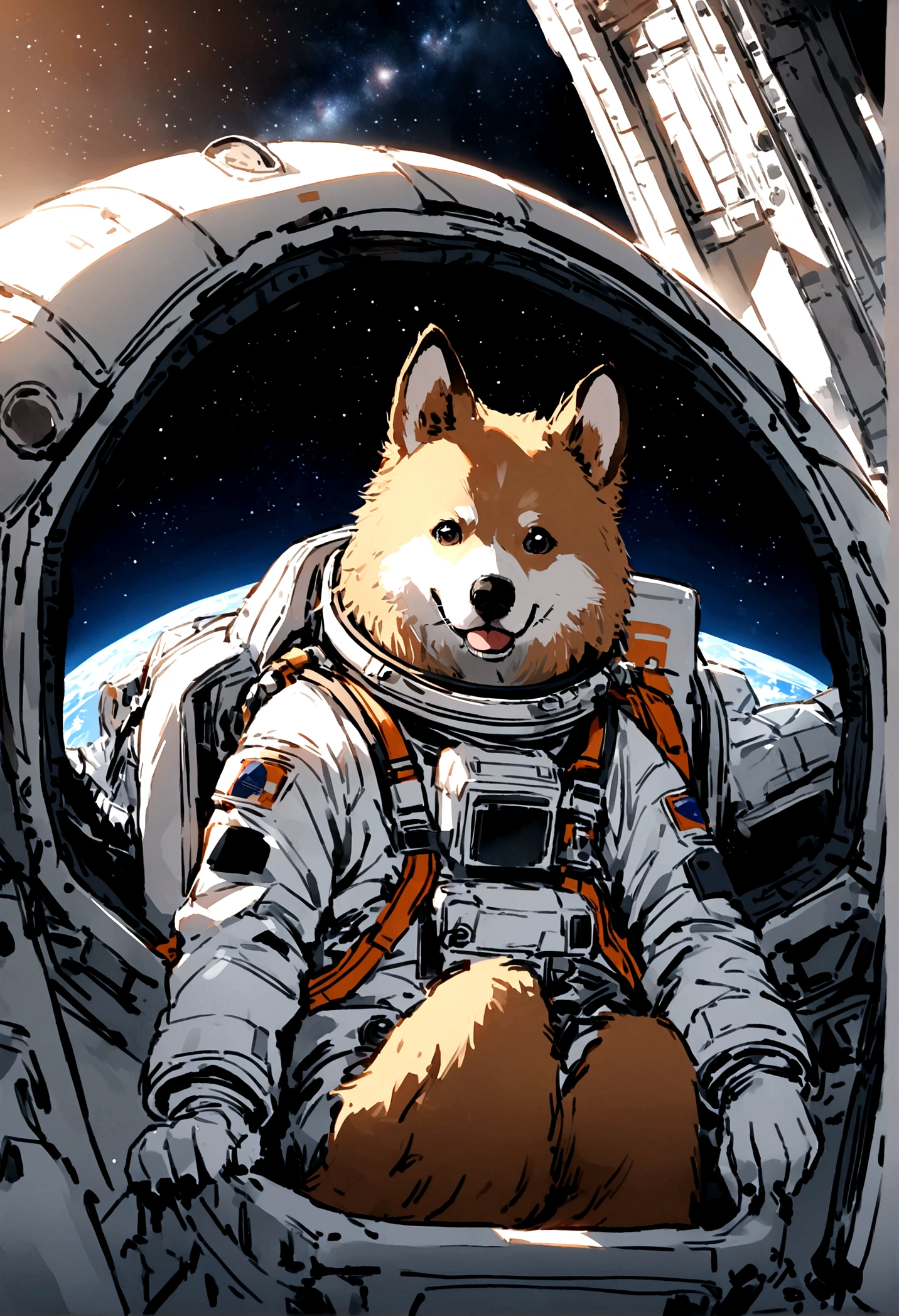 siberian dog Dress up as an astronaut be an astronaut Space work place brown dog sitting in a space shuttle