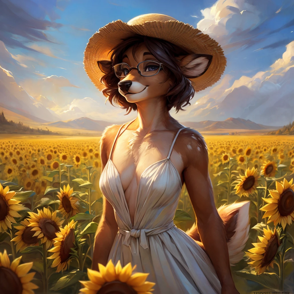 uploaded on e621, by Pixelsketcher, by Bayard Wu, by Thomas Benjamin Kennington , by Einshelm, by hioshiru and kenket, Chunie, portrait, solo anthro female deer doe, with small featureless breasts, clear dark blue, cinematic lighting, day, sunny day, sunflower field, stands in a sunflower field, sunflower field background, mediterranean background, horizon background, shiny, short curly dark brown hair, wears big black nerd glasses, very very beautiful furry art, furry art, smiling, joyful, shiny, happy, feminine, cute face, muzzle, fluffy chest, flawless face, Fallow deer, 1girl, Sakimichan is beautiful, Masterpiece, Wavethesallow Face, shiny, Detailed image, portrait, Detailed image, portrait, full body, wearing pure white and wide spaghetti straps dress, wearing big and wide beige summer straw hat, shiny, realistic face, perfect anatomy, hourglass body, (furry body:1.1), anthropomorphic deer, looks at the viewer, small fluffy tail, detailed background, (cute anatomy:1.1)