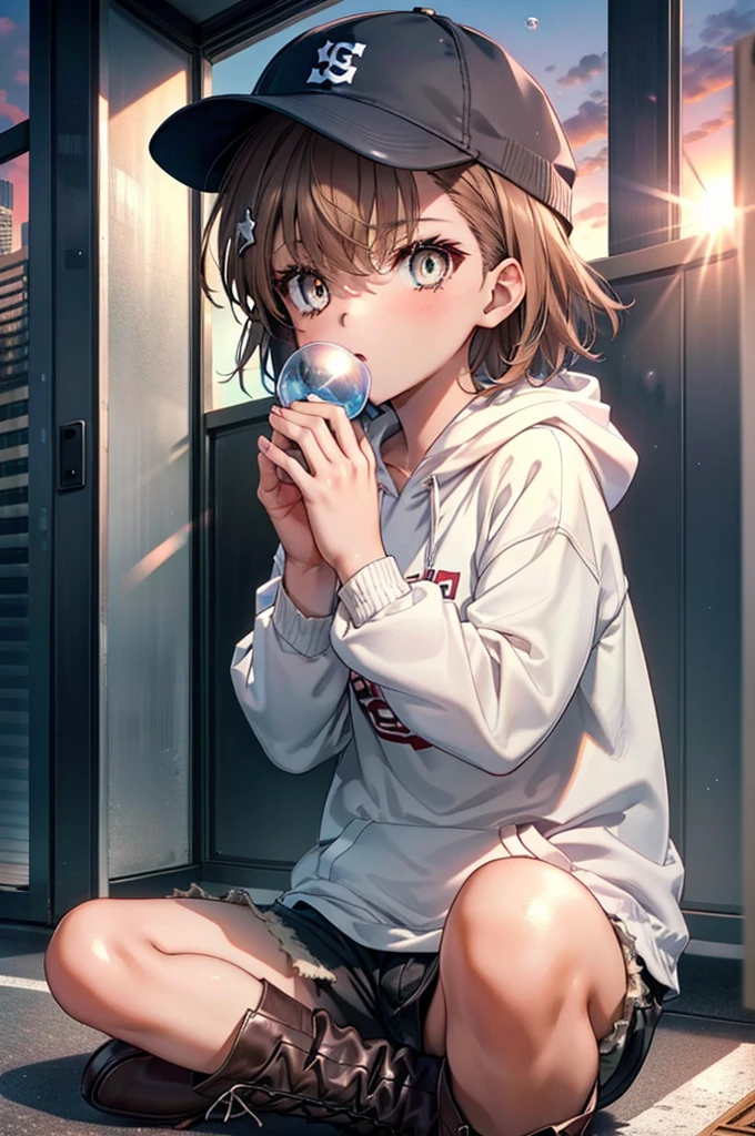 Mycotrose, Brown eyes,Brown Hair,short hair,Small breasts,Oversized black hoodie,Baseball cap,Shorts,boots,His hands are in his hoodie pockets,Blowing bubble gum,Sitting on the stairs,evening,Sunset,The sun is setting,whole bodyがイラストに入るように,　　　　　　　　　　　　　　　　　 　　　break looking at viewer, whole body,　　　 　　　　　　break outdoors, construction area,　　　　　　　　　　　　　　　　　　break (masterpiece:1.2), Highest quality, High resolution, unity 8k wallpaper, (shape:0.8), (Beautiful and beautiful eyes:1.6), Highly detailed face, Perfect lighting, Extremely detailed CG, (Perfect hands, Perfect Anatomy),