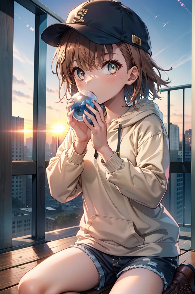 Mycotrose, Brown eyes,Brown Hair,short hair,Small breasts,Oversized black hoodie,Baseball cap,Shorts,boots,His hands are in his hoodie pockets,Blowing bubble gum,Sitting on the stairs,evening,Sunset,The sun is setting,whole bodyがイラストに入るように,　　　　　　　　　　　　　　　　　 　　　break looking at viewer, whole body,　　　 　　　　　　break outdoors, construction area,　　　　　　　　　　　　　　　　　　break (masterpiece:1.2), Highest quality, High resolution, unity 8k wallpaper, (shape:0.8), (Beautiful and beautiful eyes:1.6), Highly detailed face, Perfect lighting, Extremely detailed CG, (Perfect hands, Perfect Anatomy),