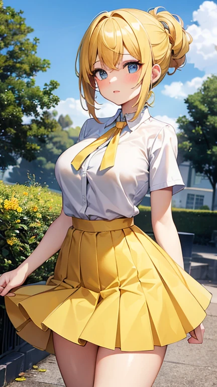 (masterpiece, Highest quality) One girl, Slightly larger breasts, A little big butt, Thick thighs, Wide Hips, Perfect proportions, Asymmetrical hairstyles. Stylish short hairstyle, Pose with hair pulled up, My hair is blowing in the wind, Yellow and various hair colors, Blue eyes, Wearing a yellow checkered skirt, Yellow long skirt, Yellow upshirt, I can see your chest, Sloppy, High resolution, Super sharp, 8K, masterpiece, Sparkling, I have dreams and hopes, energy, Brilliant, Five fingers on both hands, Yellow Garden, Yellow School