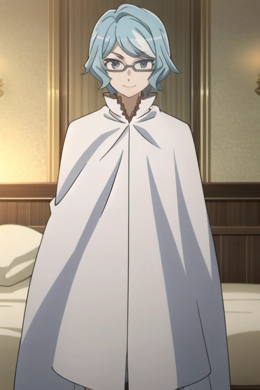 tall body, tall, long legs, mature female, mature, adult, eft_danmachi_blue, glasses, 1girl, female focus, solo, looking at viewer, blue hair, blue eyes, grey hair, parody, short hair, white cape, closed mouth, expressionless, anime coloring, smile, bedroom