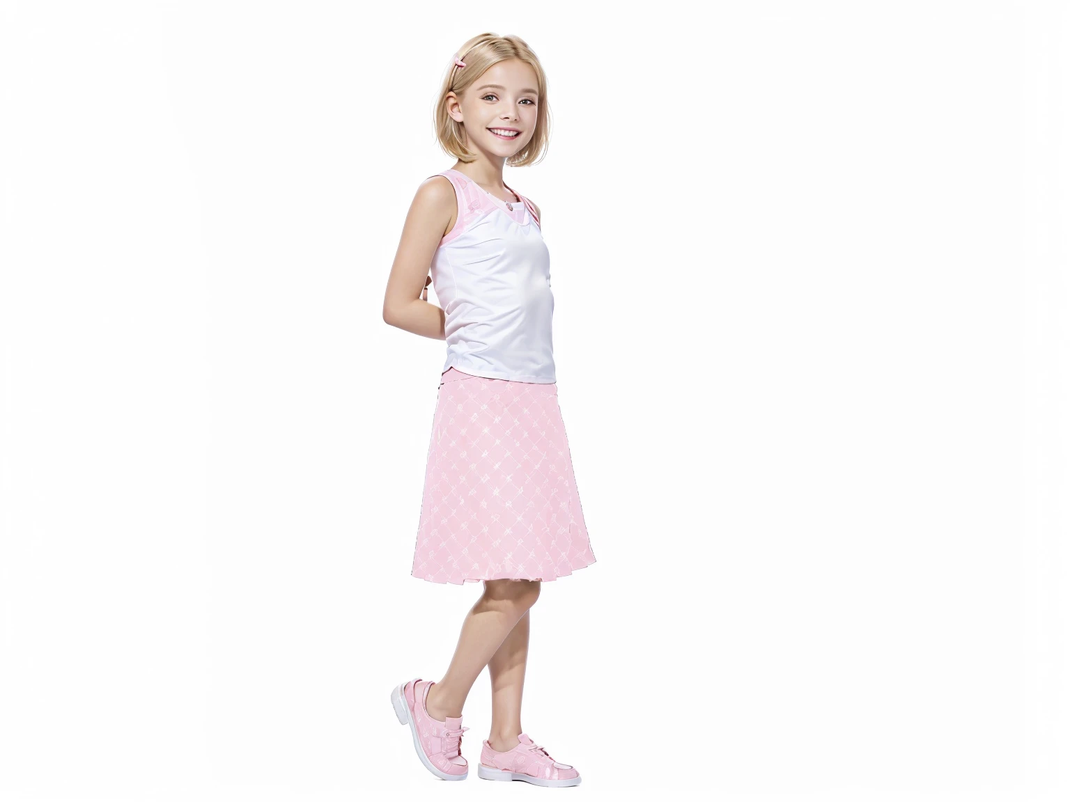 one，5--old l，6-year-olrl，（f chest）（Pink skirt）best quality，8K，high resolution，masterpiece，Super Detailing，Realistically，Live photos，photo lifelike，Live photos，（Look back and smile：1.37），（Blonde short hair）（有着Blonde short hair：1.37），Moments of honesty，hapiness，smile back：4，Foot on foot，Walked，Adobe Stock，picture，Interesting background，Summer sunshine，First-person perspective，Beautiful light，by the road，Neat flower base/4.0, Sony FE GM, Macro photos, 8K, Super Detail, precise, best quality