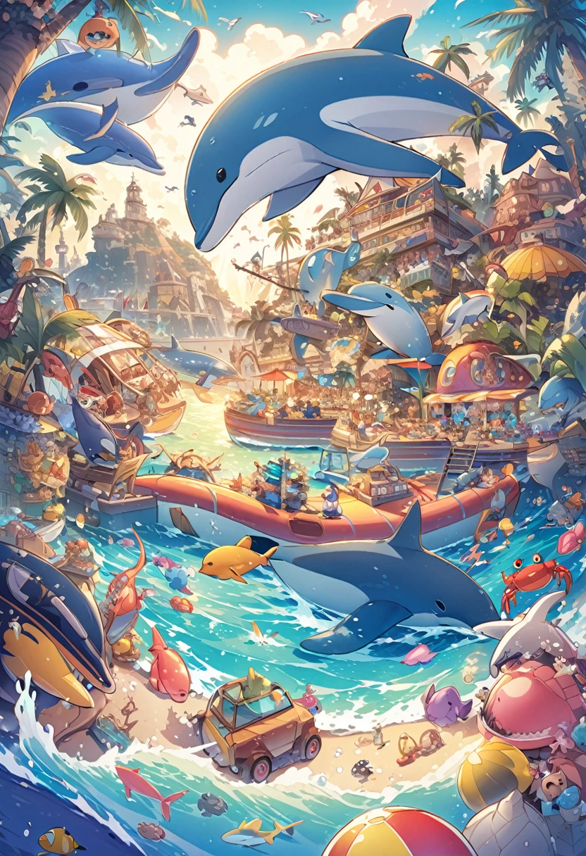 "Create a seaside landscape illustration, Sea of night,whale, Dolphin, crab, Palm tree, Ships, A playful and colorful world of toys."