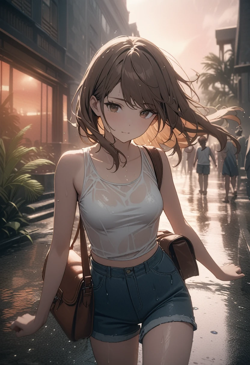 Close up, young woman lifting up arms and being cheerful, brown eyes, swept bangs, ((very long brown hair, beautiful face, cinematic light, best quality, masterpiece)), small breasts, thin, ribbed white tank top, jean shorts, satchel, she is walking across a street with puddles, people nearby, library building, wide steps, people in background, wet skin, wet clothes, hair blowing in wind, in tropical climate after intense storm, power outage, dense overcast parting to reveal a red-orange sunset, wall of rain and visible on horizon, slate atmosphere, tropical plants, palm tree, Cinematic, faded colors, dark shot, muted colors , grainy film, lute, insane details, intricate details, hyper-detailed,