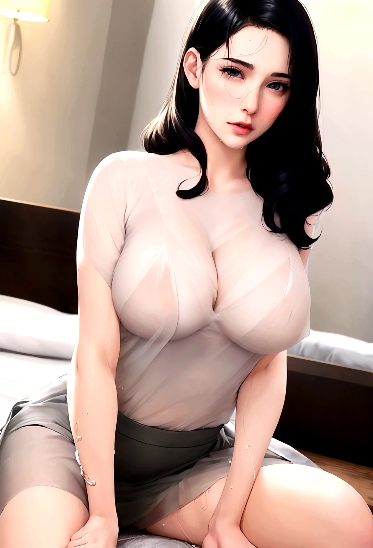 ((masterpiece)), ((very realistic)), Woman having her breasts grabbed by a man, Lazy facial expression after orgasm, Balanced arms and legs, Plump breasts, Two people in a sexy mood, man's balanced fingers, The facial expression of a woman who feels, Handsome young man, Well-proportioned and pretty breasts
