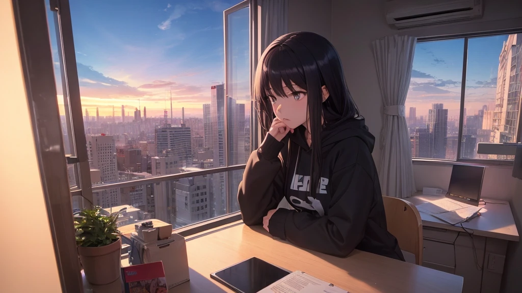 Absurd, Ultra-high resolution, (Official Art, beautifully、mysterious:1.2), Correct human body composition, Striking eyes, Oversized hoodie and short skirt, Shiny black hair, Larger than average bust, Girl listening to music with headphones, Looking out the window, Coffee on the desk, lo-fi girl, Makoto Shinkai and Artgelm, Anime atmosphere, Lofi Art Style, Anime style 8k, Anime Aesthetics, Lo-fi feel, Anime Art Wallpapers 8K, An atmosphere of praise, City Room, Teenage Girl's Room, A room for music lovers, city view from the window, Impressive cityscape, Bright sky