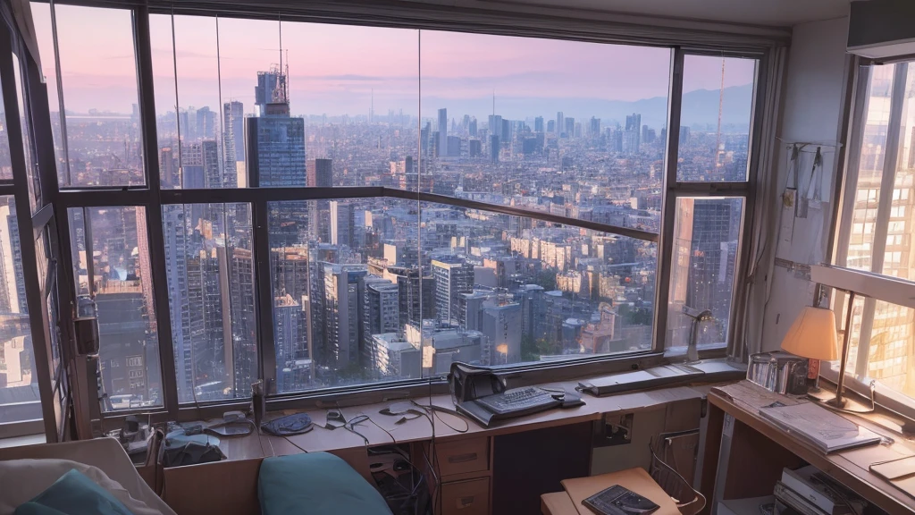 Absurd, Ultra-high resolution, (Official Art, beautifully、mysterious:1.2), Correct human body composition, Striking eyes, Oversized hoodie and short skirt, Shiny black hair, Larger than average bust, Girl listening to music with headphones, Looking out the window, Coffee on the desk, lo-fi girl, Makoto Shinkai and Artgelm, Anime atmosphere, Lofi Art Style, Anime style 8k, Anime Aesthetics, Lo-fi feel, Anime Art Wallpapers 8K, An atmosphere of praise, City Room, Teenage Girl's Room, A room for music lovers, city view from the window, Impressive cityscape, Bright sky