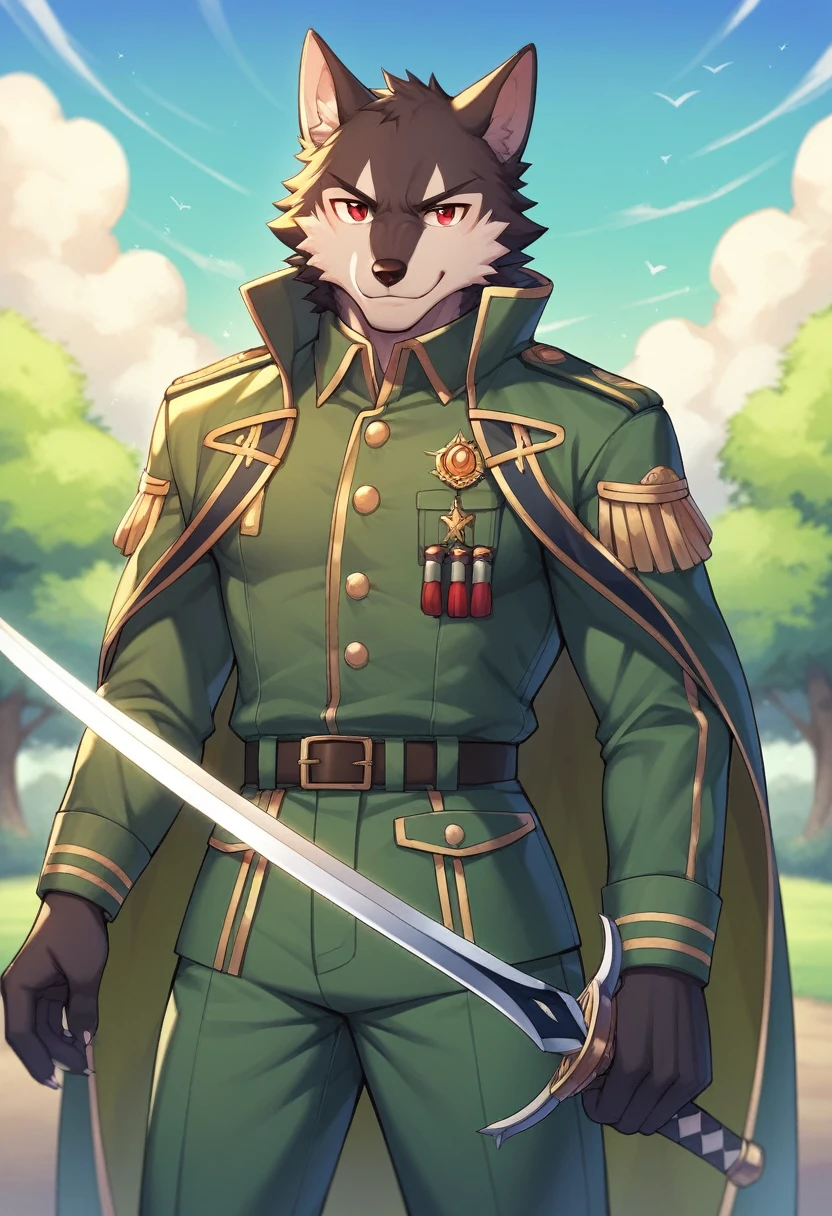 A Chico, Wolf, Green and black fur, young people, 17-year-old student,Two red eyes,There is a green ring on the hand,Cape around the neck,Wearing green combat uniform,With a long sword in hand,The pants are dark blue shorts,Smile,in the park,Alone,The sun shines