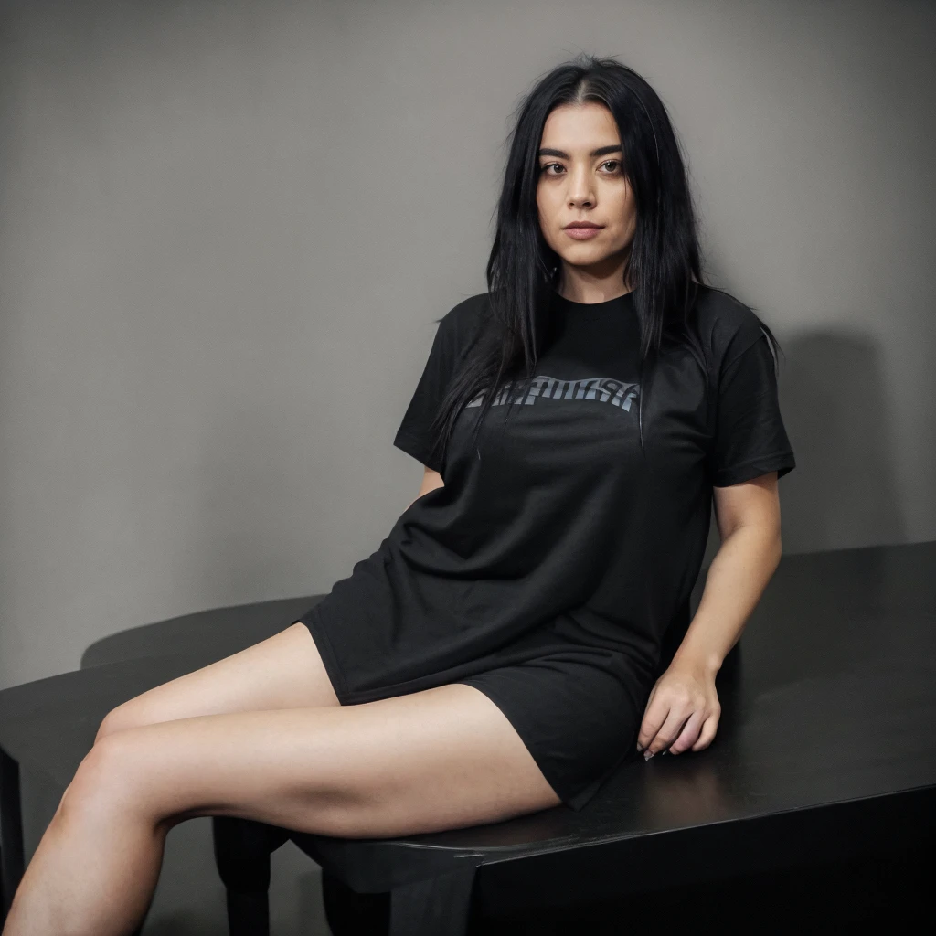 there is a woman sitting on a table with a black shirt, sitting on a table, wearing black tshirt, crossed legs, thick legs, sitting on the table, thick thighs, wearing in black clothes, wearing a black tshirt, she is wearing a black dress, sexy look, with straight black hair, on her throne, wearing a black t-shirt, black outfit