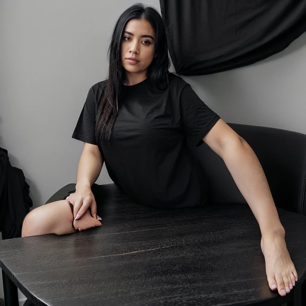 there is a woman sitting on a table with a black shirt, sitting on a table, wearing black tshirt, crossed legs, thick legs, sitting on the table, thick thighs, wearing in black clothes, wearing a black tshirt, she is wearing a black dress, sexy look, with straight black hair, on her throne, wearing a black t-shirt, black outfit