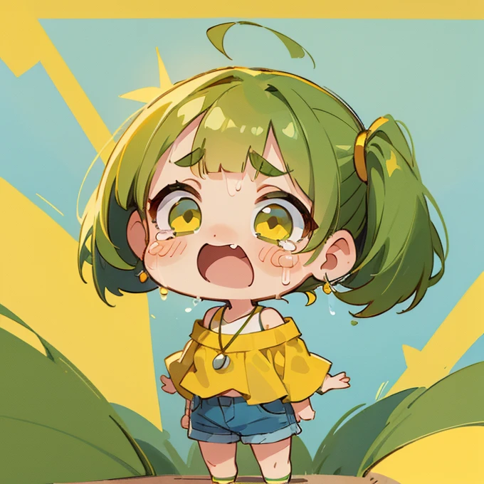 (masterpiece, Highest quality:1.2), (2 head body chibi character:1.1), Yellow-green hair, Twin tail hair, Top of the head, Yellow-green eyes, Wink, Yellow off-shoulder blouse, Denim shorts, Short bangs, Thick eyebrows, Round necklace, A gentle atmosphere, Are crying, Crying, View your viewers, (Photo studio with blue background:1.0)
