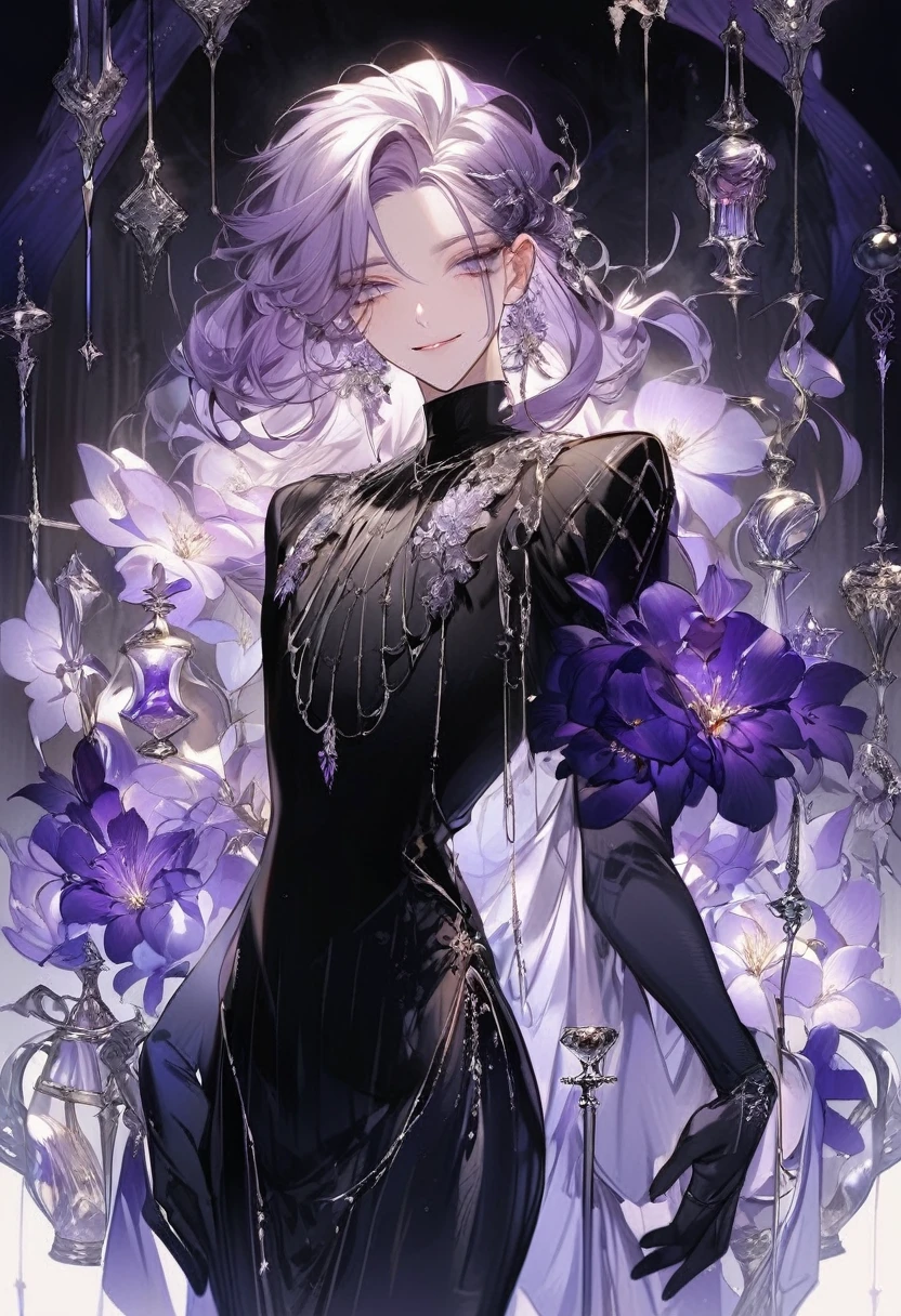 Feminine boy, soft womanish facial features, smile, squinted siren dark blue eyes without glare, silver and dark purple long loose hair with straight bang, fantasy black clothes with blue and purple elements, long black gloves, model, gorgeous, elegant, lots of silver jewelry, flowers in his hair, skinny body, hourglass figure, light lipstick