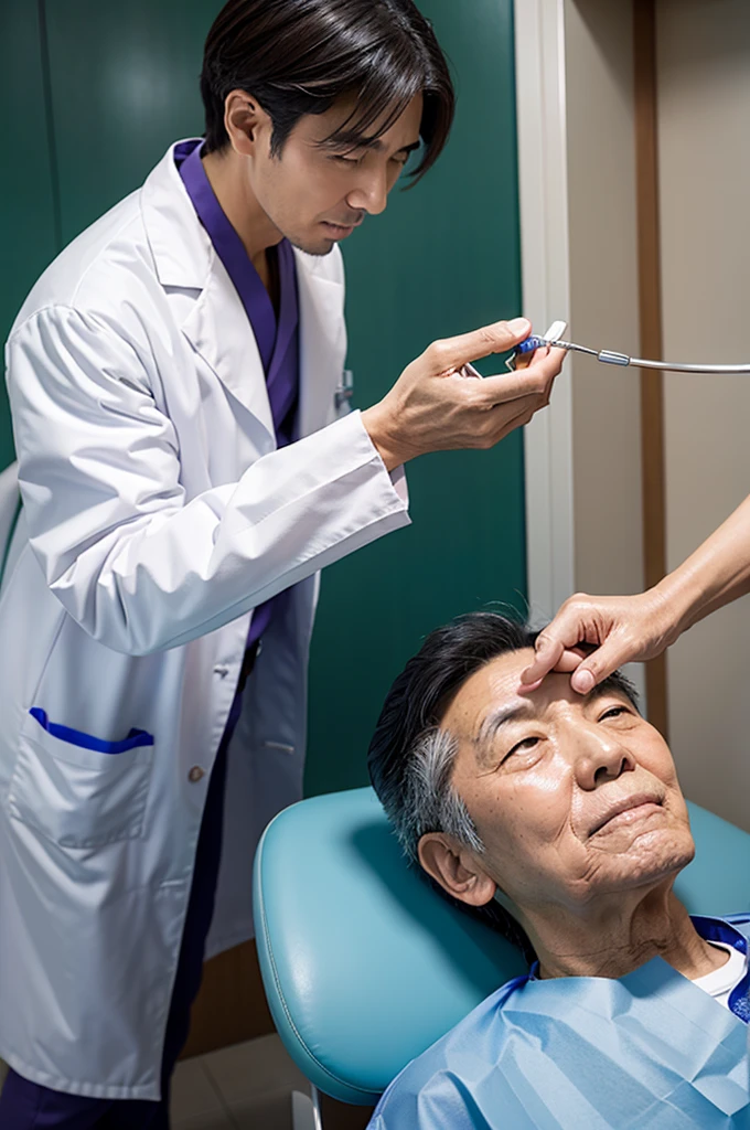 dentist male Japanese Visiting the clinic Treating a patient The patient is elderly Wearing a lab coat Scene during treatment Treatment in a private home The patient is lying down