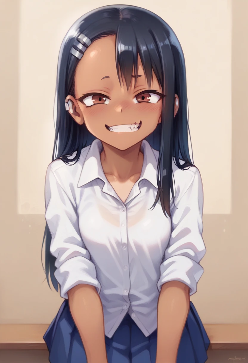 nagatoro_hayase, brown eyes, black hair, long hair, dark skin, dark-skinned female, tan, tanlines, hairclip, , white shirt, collared shirt, pleated skirt,,pov_deepthrt, blsdp, balls deep, throatfuck