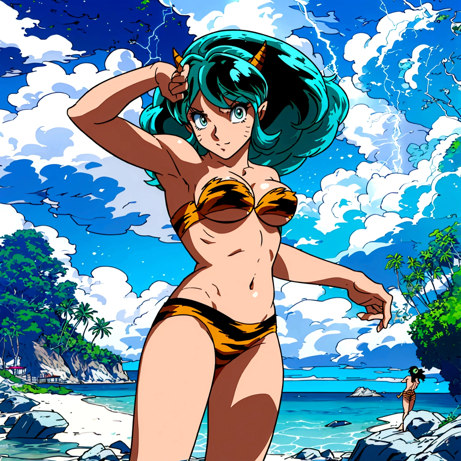 (score_9, score_8_up, score_7_up), masterpiece, best quality, absurdres, unity, 8k, wallpaper, hi res, BREAK highly detailed face, highly detailed eyes, perfect anatomy, super detailed skin, (outdoors, beach, seaside, beautiful landscape, island, 1980s style, anime style, (full body), (dynamic angle, dynamic pose:1.3), (lum:1.5), 1girl, (flying:1.3), floating in air, floating under seabeach, animal print, strapless_bikini, breasts, cleavage, full_body, large breasts, (two-tone hair, green hair, black hair:1.3), floating hair, groin, small horns, (cowboy shot), looking at viewer, navel, print bikini, (solo:1.3), swimsuit, tiger print, tiger stripes, (electrokinetic, electricity:1.3), lightning from hand, pixel style +detmore +hq