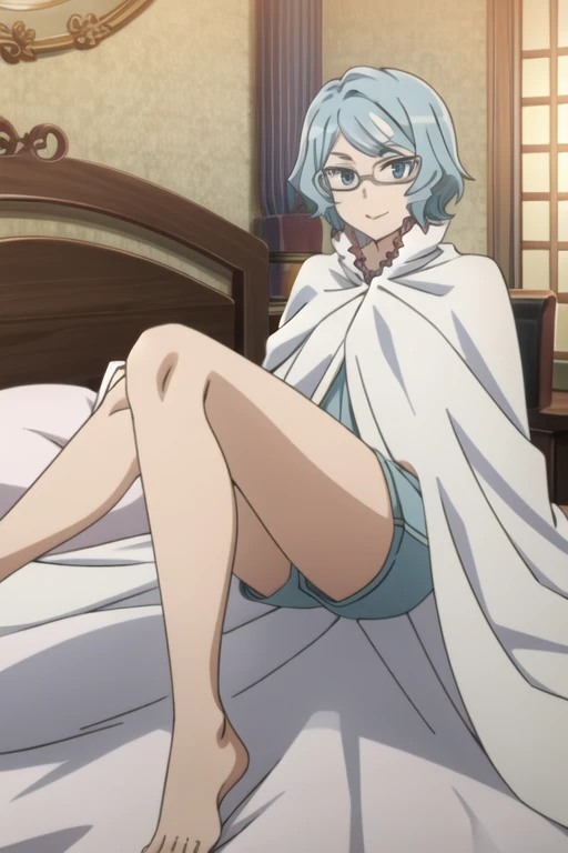 tall body, tall, long legs, mature female, mature, adult, eft_danmachi_blue, glasses, 1girl, female focus, solo, looking at viewer, blue hair, blue eyes, grey hair, parody, short hair, white cape, closed mouth, expressionless, anime coloring, smile, bedroom, lying down 