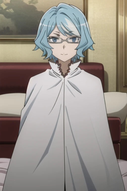 tall body, tall, long legs, mature female, mature, adult, eft_danmachi_blue, glasses, 1girl, female focus, solo, looking at viewer, blue hair, blue eyes, grey hair, parody, short hair, white cape, closed mouth, expressionless, anime coloring, smile, bedroom, lying down