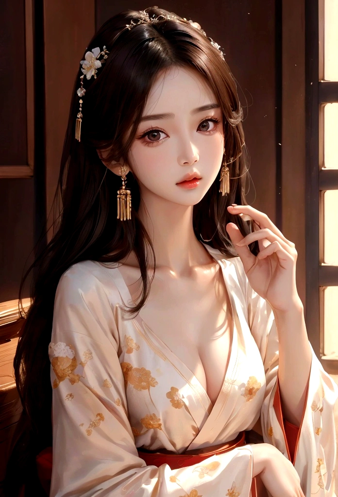 Best image quality、8K、masterpiece：1.3))、Realistic high-quality photos、Highest quality、 Beautiful face、Photos of slim models、Beautiful girl model、Young and pretty face、Beautiful model girl、A lovely and delicate face、Black Hair、Beautiful brown eyes、Young Body、Hanfu, (emphasize)、from the front、Camera gaze,、Anatomically correct、胸の谷間をemphasize