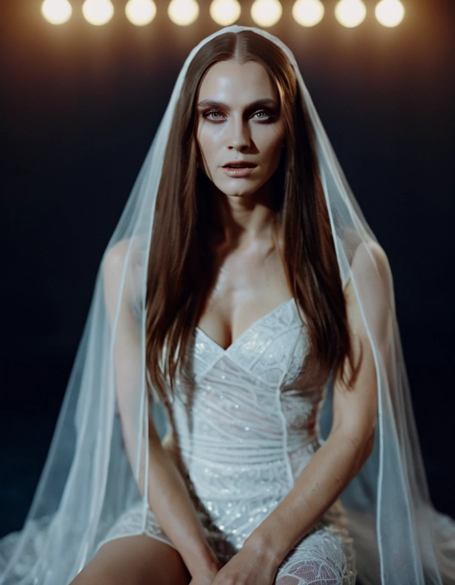 Fashionable of androgynous alien looking witch wearing veil, glowing eyes, beautiful evil slavic muscular woman, pale skin, long hair, minimal details, givenchy, photoreal, 200mm, hd, f/ 2.0, highly detailed, surreal, sitting, light smile, simple white stylish clothes, a slight smiledrop dead, in the style of red and blue, (intricate details, hyperdetailed:1.15) (skin texture:1.2), cinematic, professional, 4k, (((dynamic model pose))), sitting, full body, mesmerizing, dynamic, dramatic, sensual, dynamic pose, highly detailed skin with hair, subcutaneous veins, light and shadow play, highly detailed,24mm photograph, film, bokeh, professional, 4k,