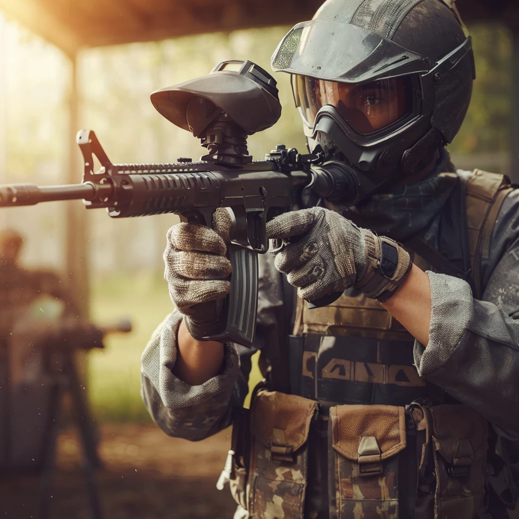 close up image, a man wearing a gray paintball uniform, wearing a goggles helmet, wearing halfface helmet, holding a paintball rifle, the man is shooting at his enemies in the paintball arena, the blurry background shows the atmosphere of a paintball arena in a field, realistic, cinematic, very detailed, very complex