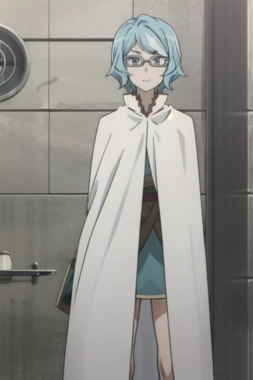 tall body, tall, long legs, mature female, mature, adult, eft_danmachi_blue, glasses, 1girl, female focus, solo, looking at viewer, blue hair, blue eyes, grey hair, parody, short hair, white cape, closed mouth, expressionless, anime coloring, smile,
