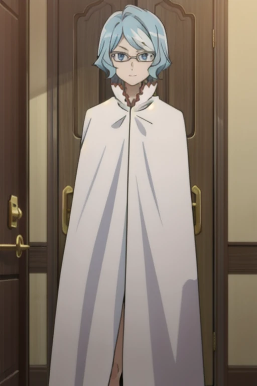 tall body, tall, long legs, mature female, mature, adult, eft_danmachi_blue, glasses, 1girl, female focus, solo, looking at viewer, blue hair, blue eyes, grey hair, parody, short hair, white cape, closed mouth, expressionless, anime coloring, smile,