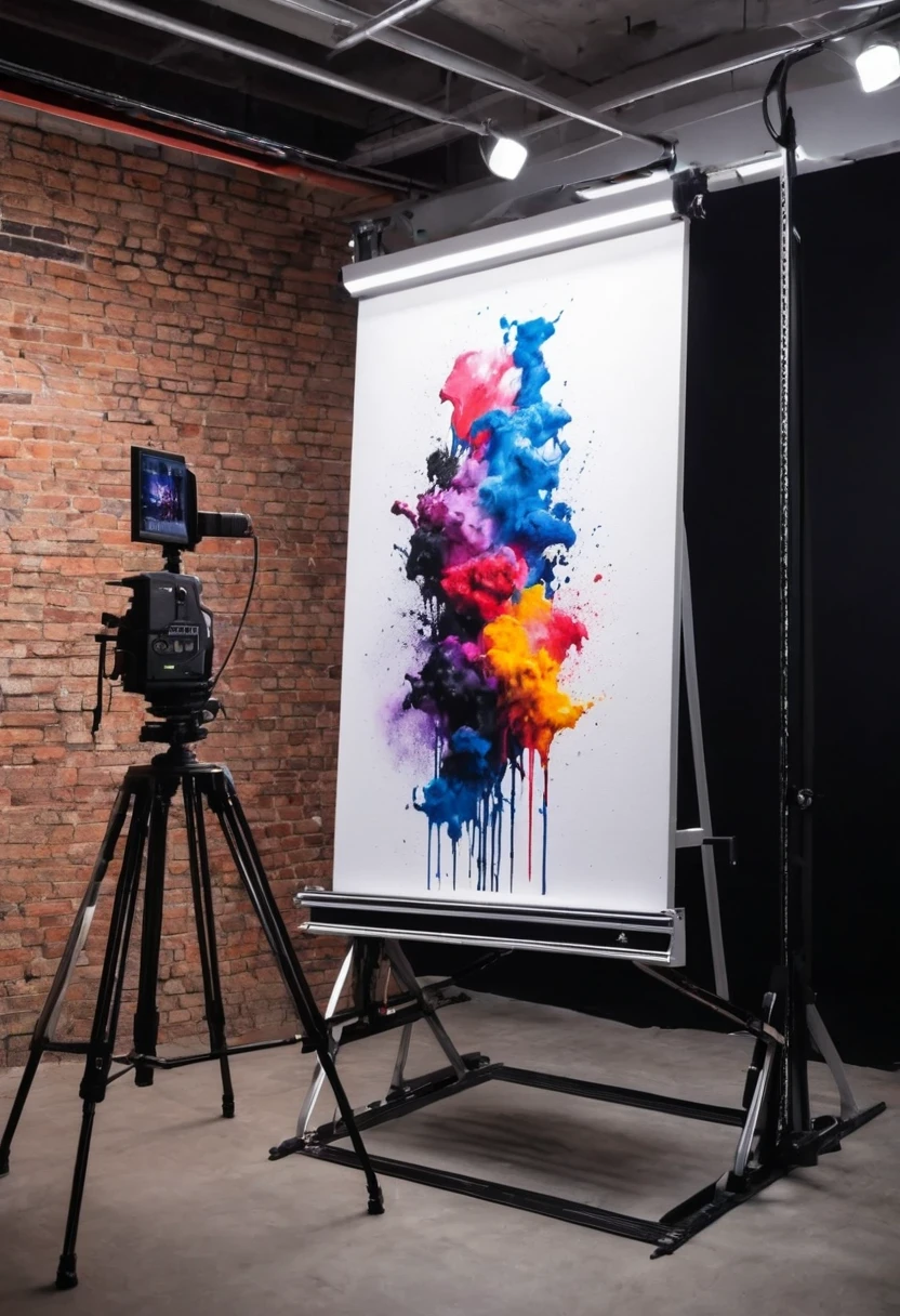 Modern graphic painting being photographed on an upright copy-stand, commercial studio, blackout, 4k advertising image.