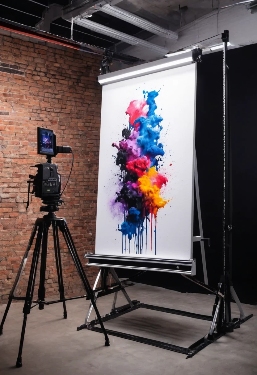 Modern graphic painting being photographed on an upright copy-stand, commercial studio, blackout, 4k advertising image.
