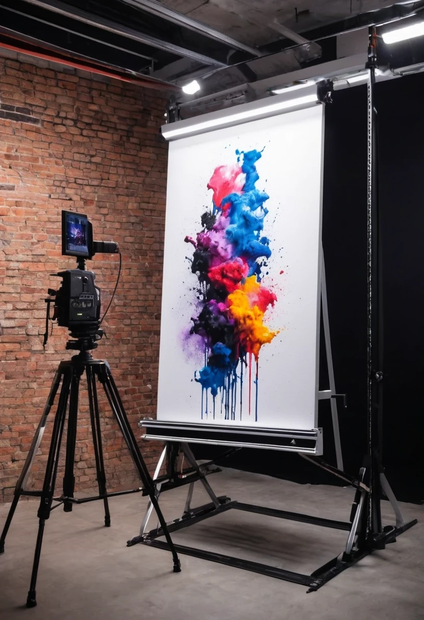 Modern graphic painting being photographed on an upright copy-stand, commercial studio, blackout, 4k advertising image.