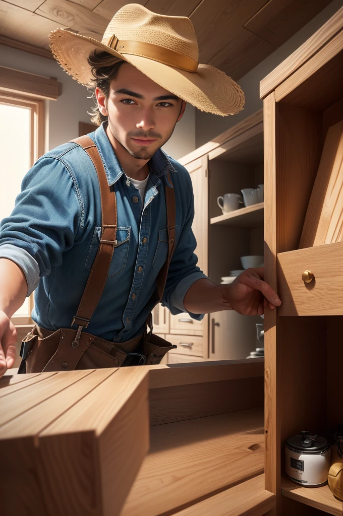 The carpenter is building the cabinet with pine wood and wooden boards, wearing blue work and hat. The man is in his thirties, with a close-up of his face. It shows a modern style interior design of home cabinets made from solid oak. A full body shot was taken in the style of a Canon EOS R5 F2.8 lens, with a photo realistic style
