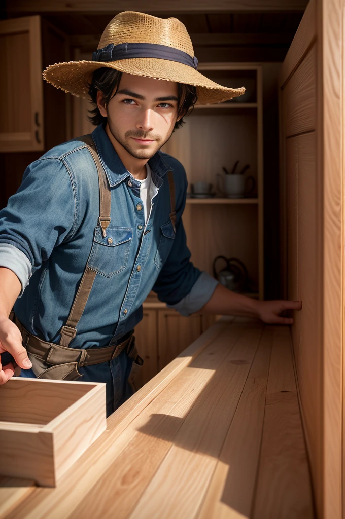 The carpenter is building the cabinet with pine wood and wooden boards, wearing blue work and hat. The man is in his thirties, with a close-up of his face. It shows a modern style interior design of home cabinets made from solid oak. A full body shot was taken in the style of a Canon EOS R5 F2.8 lens, with a photo realistic style