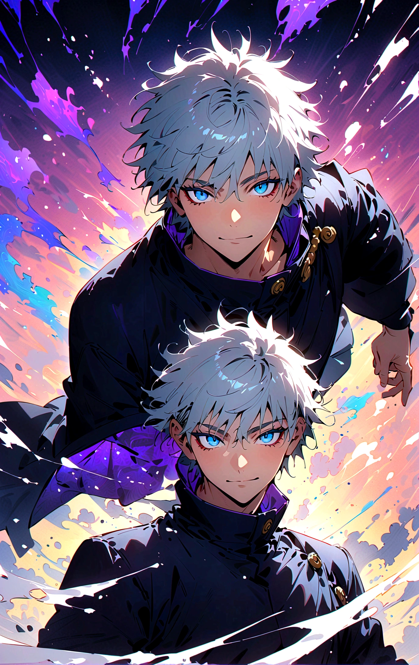 (masterpiece:1.3),(Highest quality:1.4),(Very detailedな:1.5),High resolution,Very detailed,8K,(1 male,Gojo Satoru,JUJUTSU KAİSEN,Gray Hair)Gojo Satoru,Be confident々smile,Beautiful Blue Eyes、(The background is blue and purple space)