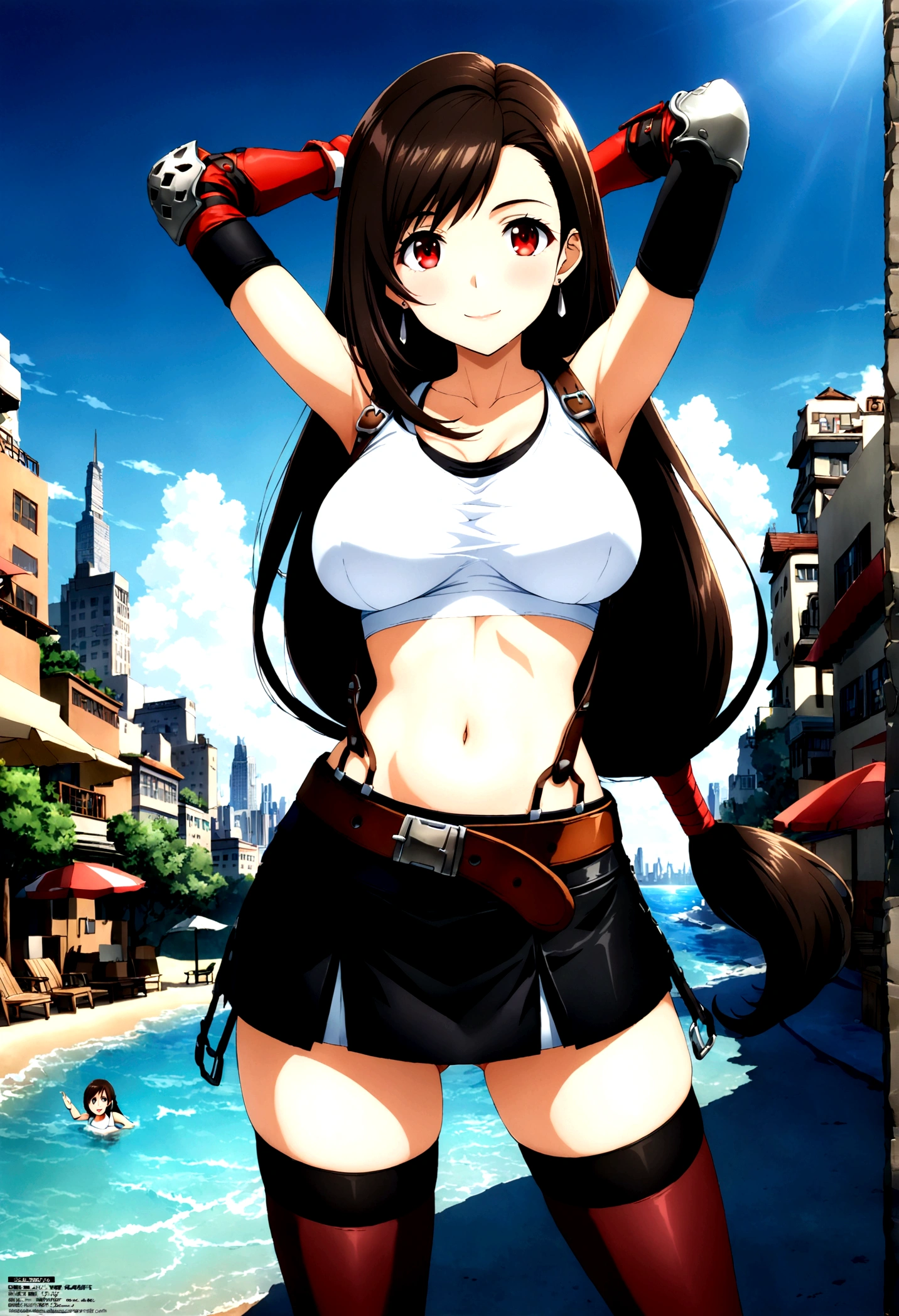 score_9, score_8_up, score_7_up, ,,dynamicangle,,(soro focus),standing,straight-on,e,(arms up,arms behind head,),(mediumshot:1),looking_at_viewer ,1girl, tifa lockhart, final fantasy,(beautiful woman). tareme,black hair, low-tied long hair, red eyes, bangs, white tank top, belt, pleated skirt, thighhighs, elbow fingerless gloves, elbow pads, midriff, navel,suspender skirt . ,(large_breasts:1),(perky breasts;1),(light smile),,,Solo,,(daytime and beachside and city),(masterpeace),(best quality),(aesthetic,very aesthetic),,highly detailed),megami_magazine,professional lighting,cinematic lighting,