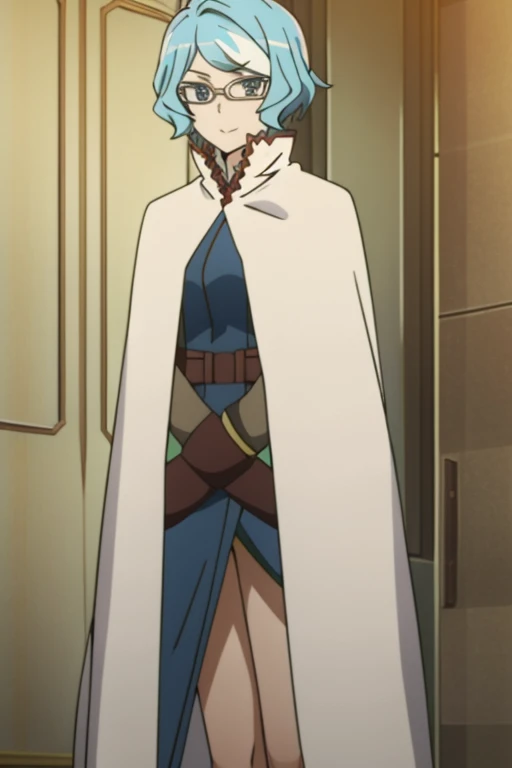 tall body, tall, long legs, mature female, mature, adult, eft_danmachi_blue, glasses, 1girl, female focus, solo, looking at viewer, blue hair, blue eyes, grey hair, parody, short hair, white cape, closed mouth, expressionless, anime coloring, smile, bedroom