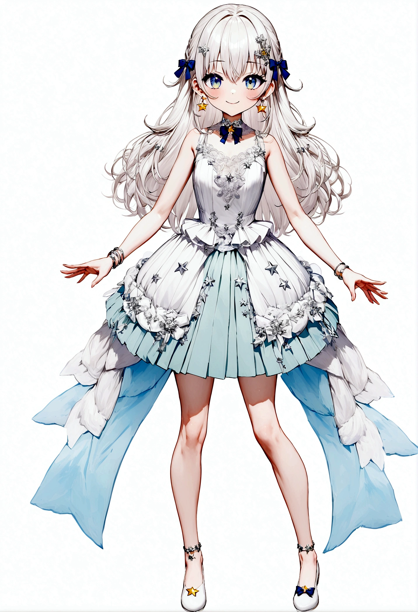 (vtubermodel:1.2) fullbody, 1girl, with silver-white hair with a faint blue sheen at the tips and deep blue eyes, smiling, (white sleeveless top with lace and a small bow:1), (light blue pleated skirt with star patterns and hints of Ruri green:1), white flat shoes with star decorations, fluffy star-shaped hair clip, silver bracelet with star charms, small star-shaped earrings, high quality, extra detailed, rendered, sharp face, symmetrical, facing viewer, A-pose, (white background:1.5), looking at viewer, elements of Ruri green subtly incorporated in the outfit
