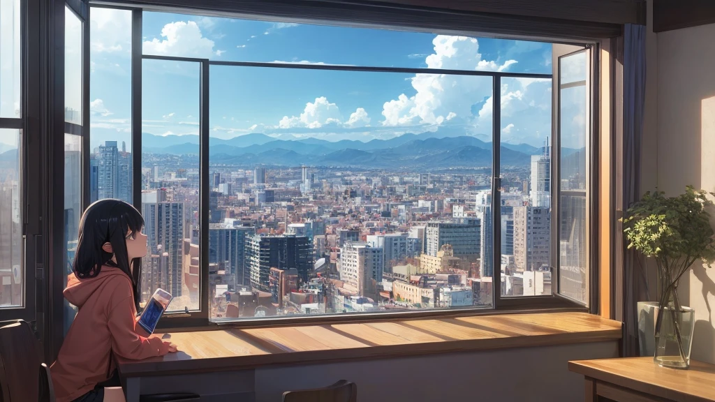 Absurd, Ultra-high resolution, (Official Art, beautifully、mysterious:1.2), Correct human body composition, Striking eyes, Oversized hoodie and short skirt, Shiny black hair, Larger than average bust, Girl listening to music with headphones, Looking out the window, Coffee on the desk, lo-fi girl, Makoto Shinkai and Artgelm, Anime atmosphere, Lofi Art Style, Anime style 8k, Anime Aesthetics, Lo-fi feel, Anime Art Wallpapers 8K, An atmosphere of praise, City Room, Teenage Girl's Room, A room for music lovers, city view from the window, Impressive cityscape, Bright sky