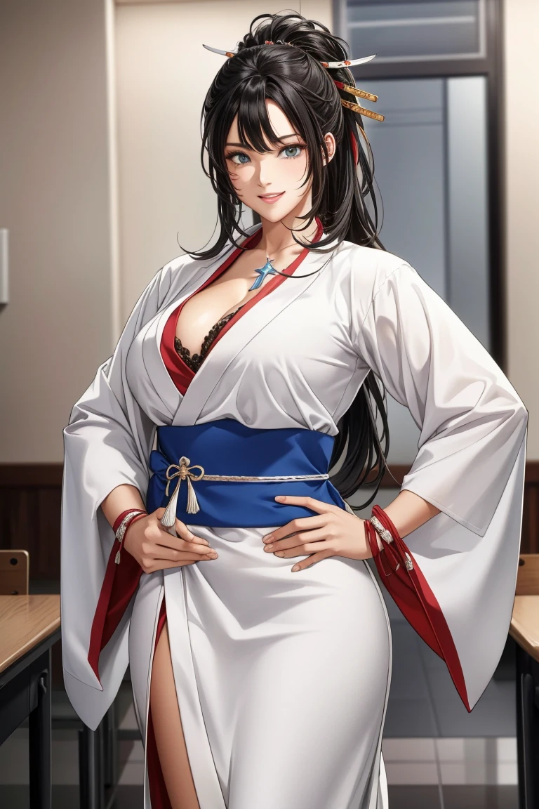 Long Hair,   Parted bangs, Open your mouth, smile, break wearing White_kimono, break indoors, classroom, break looking at viewer, (Cowboy Shot:1.5),Are standing,Pause, Hands on hips, break (masterpiece:1.2), Highest quality, High resolution, unity 8k wallpaper,Browsing Caution ,(figure:0.8), (Beautiful attention to detail:1.6), Highly detailed face, Perfect lighting, Highly detailed CG, (Perfect hands, Perfect Anatomy),