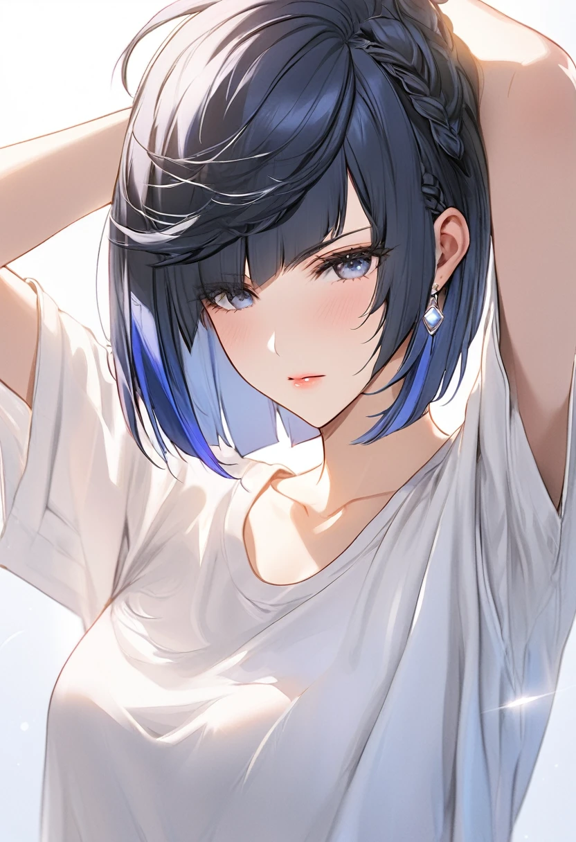 (Genshin Yelan)(Wear a white loose T-shirt)(Sleepy)(One hand rubs his hair)(masterpiece), (best quality), (Super detailed),(Messy hair),(illustration), (1 Girl), (Simple background),Beautiful and delicate eyes, Delicate and beautiful face, floating,(High Saturation)(,(shining), focus on face, Bangs, (shining), Optimal lighting, The best shadow