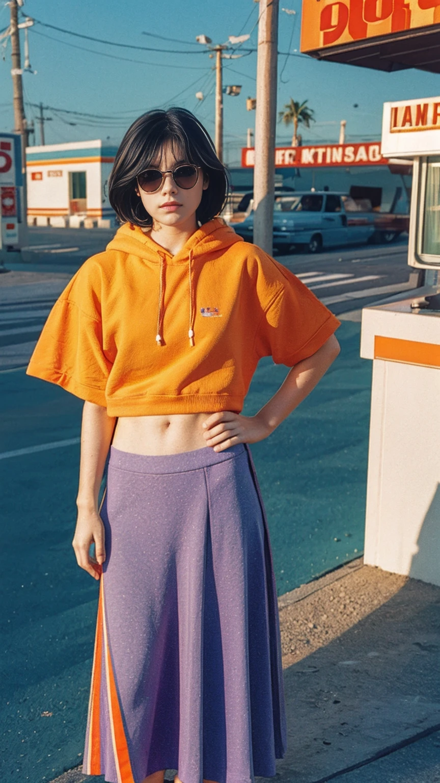 photo cinematic, photograph long shot portraits by Wes Anderson, cute 23 yo girl ,fokus, ((bokeh)) ,wear ((orange color oversized_hoodie)), wear ((purple tennis skirt)),looking front,Best Quality,Masterpiece,Ultra High Resolution,(Realisticity:1.4),Original Photo, 1Girl, light leak,ultra high resolution,UHD,beautiful, (black bob hair), almond eye, no makeup, in front of (80's gas station), (realistic:1.2), (surreal:1.3), (very detailed:1.1), ((masterpiece)),summer, blue sky, palm trees,sunny, los angles vibes,film camera, 800mm lens,style of Philip Lorca diCorcia