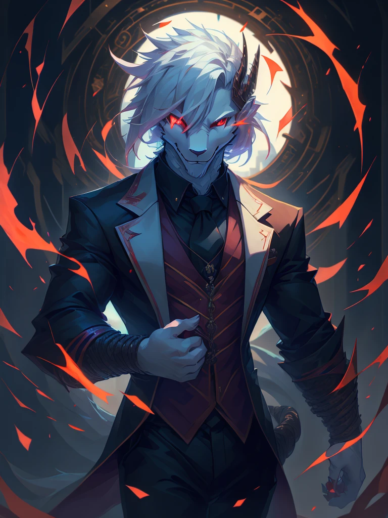 male, furry, Dragon anthro, solo, white fur, Red eyes, (Realistic eye details 1.2), business suit wear, V0id3nergy, abs, Masterpiece, dramatic lighting, soft lighting, day, highly detail, Hair coiled